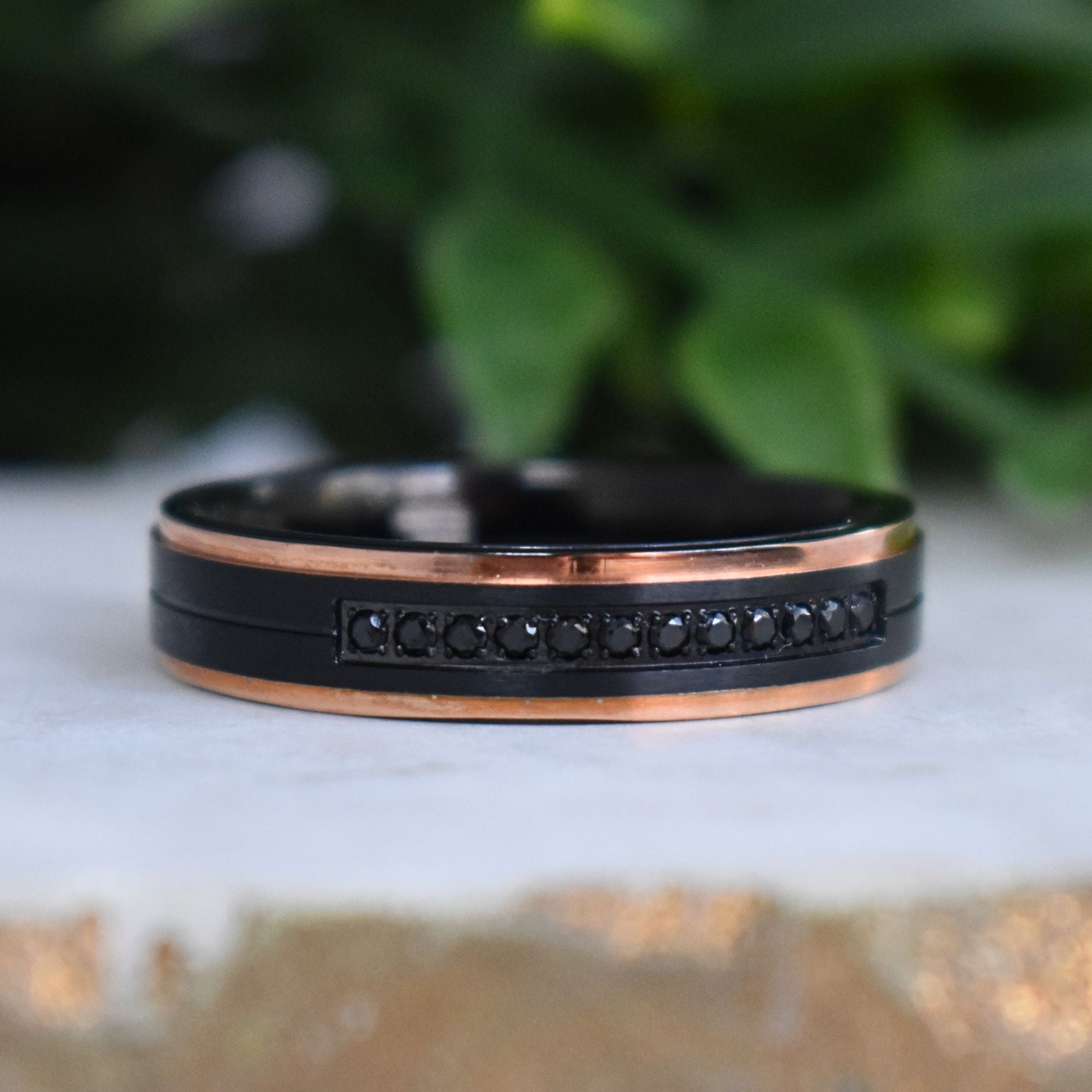 Black Brushed Tungsten 6mm Ring with Rose Gold Stepped Edges & Black Simulated Diamonds