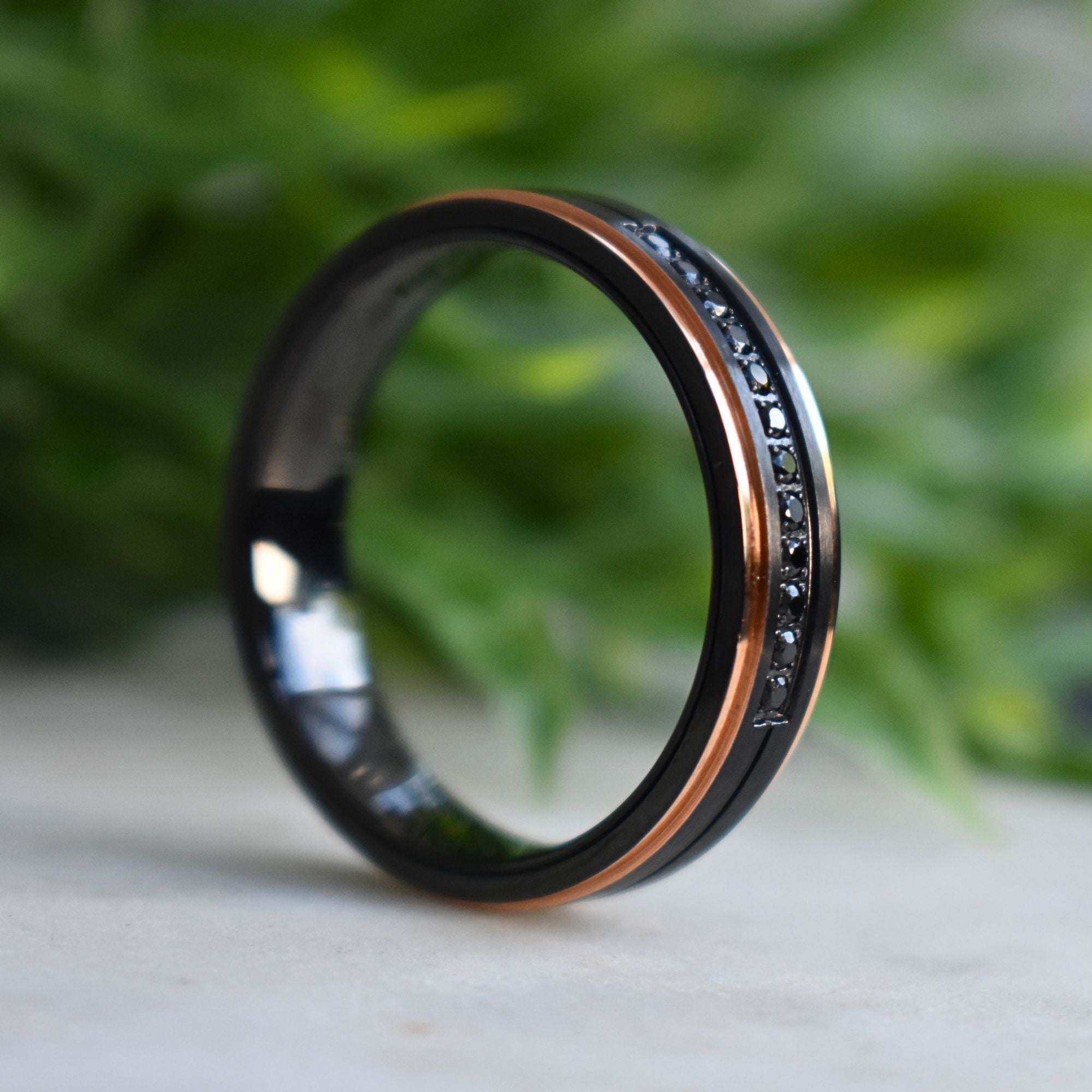 Black Brushed Tungsten 6mm Ring with Rose Gold Stepped Edges & Black Simulated Diamonds