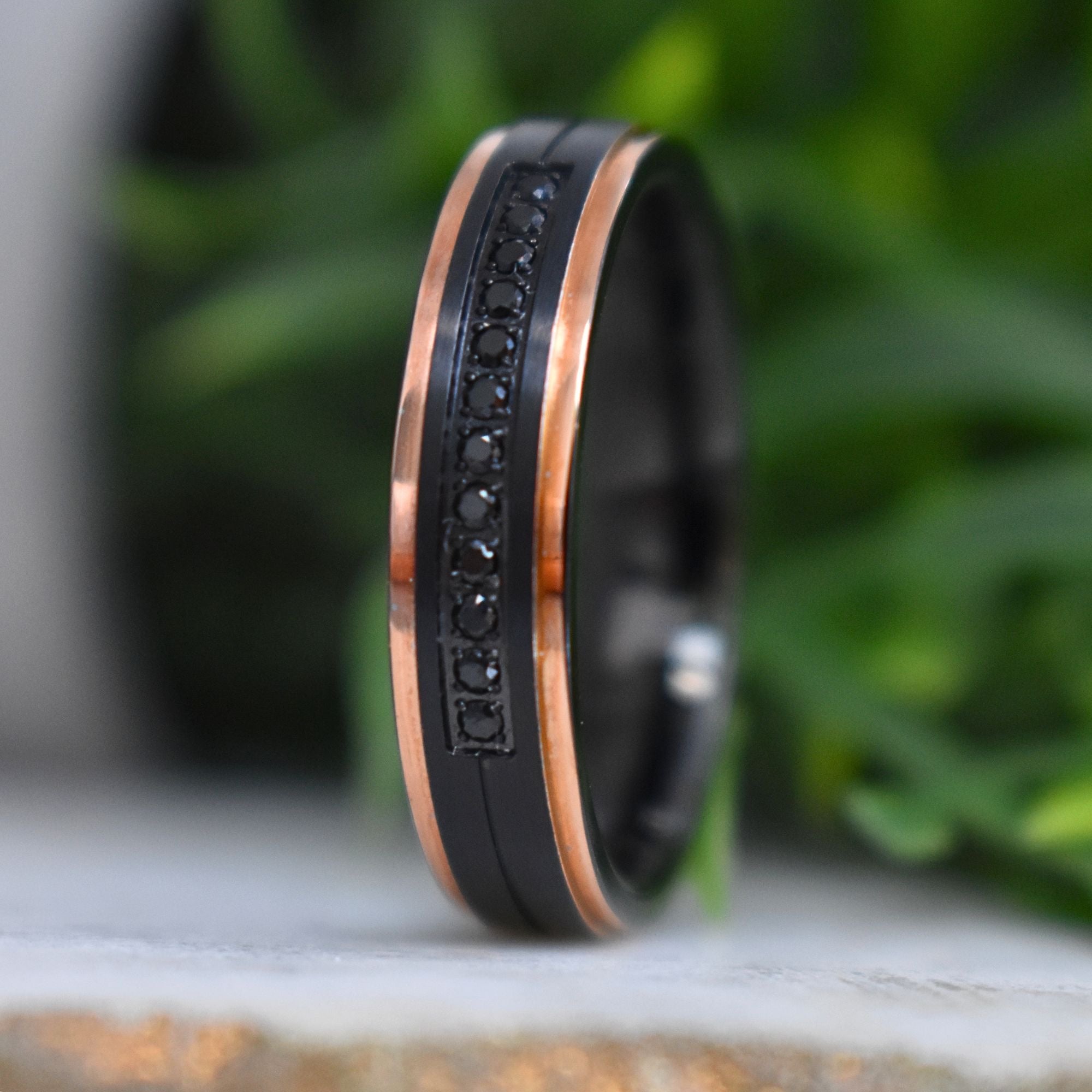 Black Brushed Tungsten 6mm Ring with Rose Gold Stepped Edges & Black Simulated Diamonds