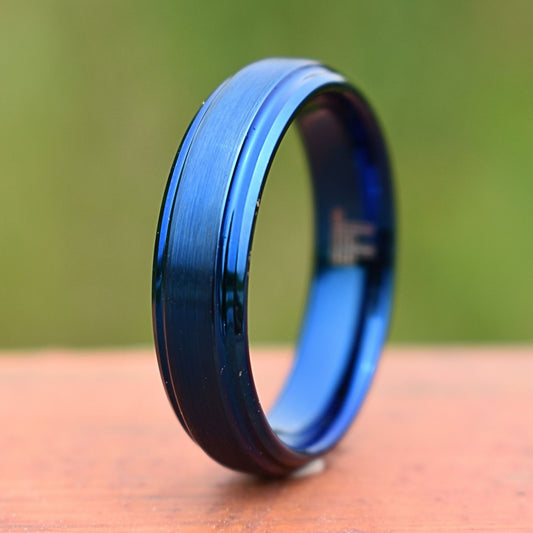 Tungsten Ring Blue 6mm Brushed Center with a Deep Stepped Edge - Tungsten Titans