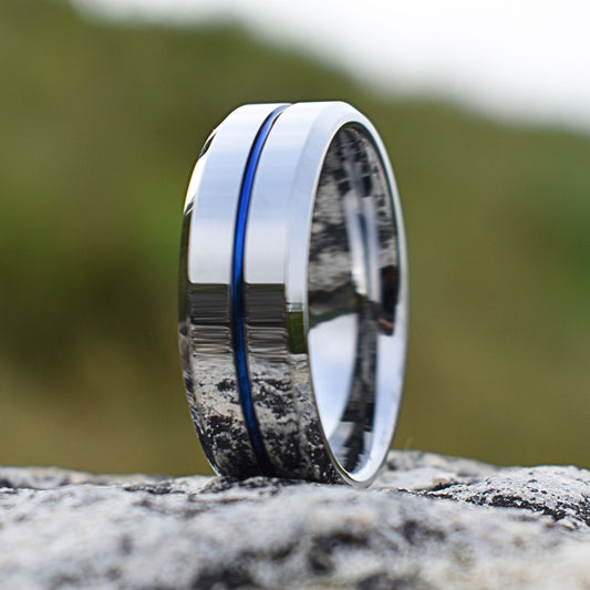 Tungsten 8mm Silver Ring with a Blue Center Strip - Tungsten Titans