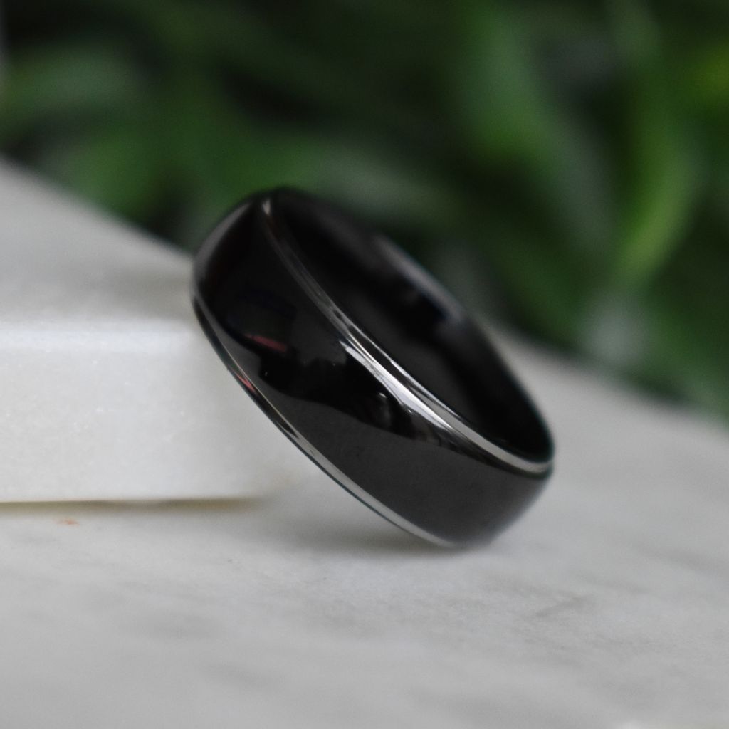 Tungsten 8mm Ring Black Domed with Silver Edges - Tungsten Titans