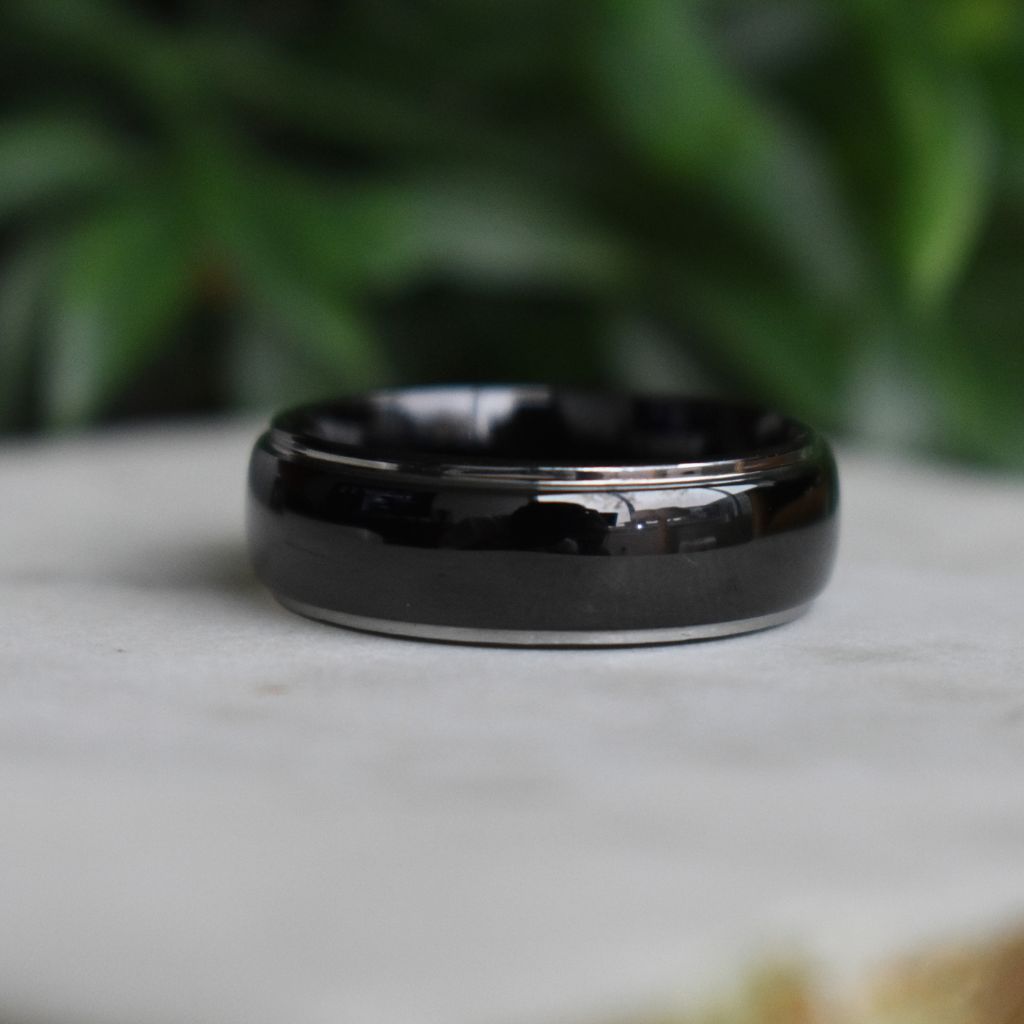 Tungsten 8mm Ring Black Domed with Silver Edges - Tungsten Titans