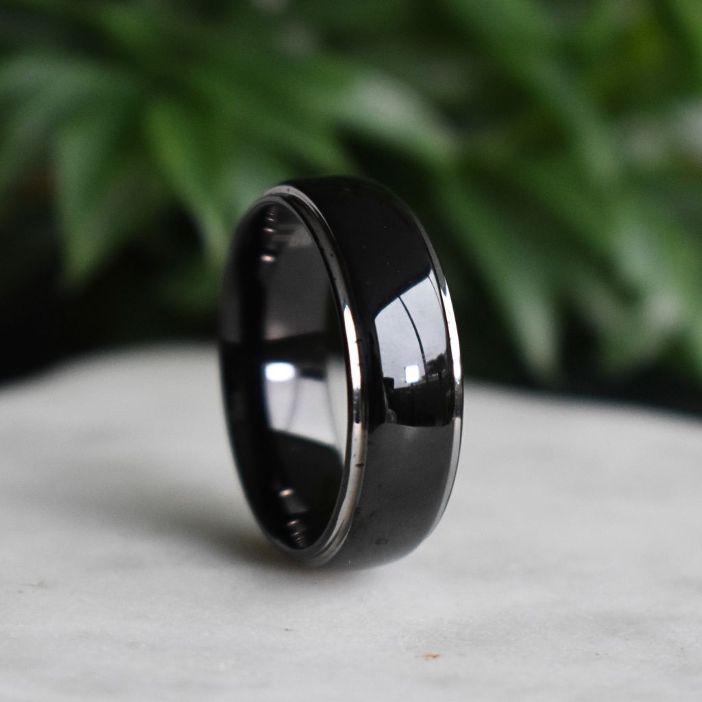 Tungsten 8mm Ring Black Domed with Silver Edges - Tungsten Titans