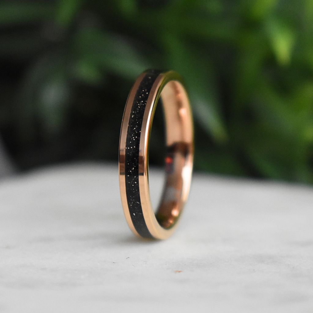 Tungsten Rose Gold Ring Black Druzy Quartz Wedding Band - Tungsten Titans