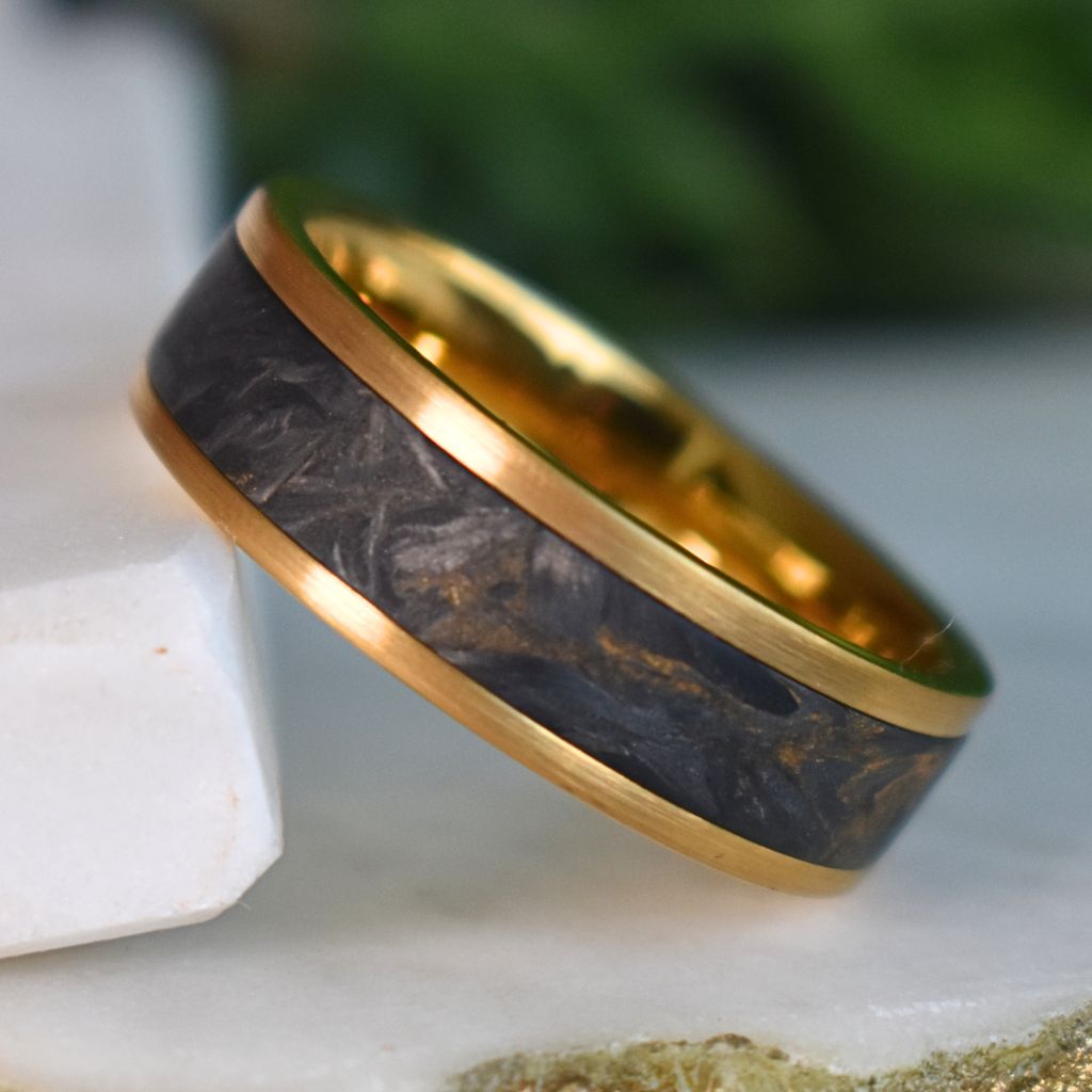 Forged Carbon Fiber & Yellow Gold 8mm Tungsten Ring - Tungsten Titans
