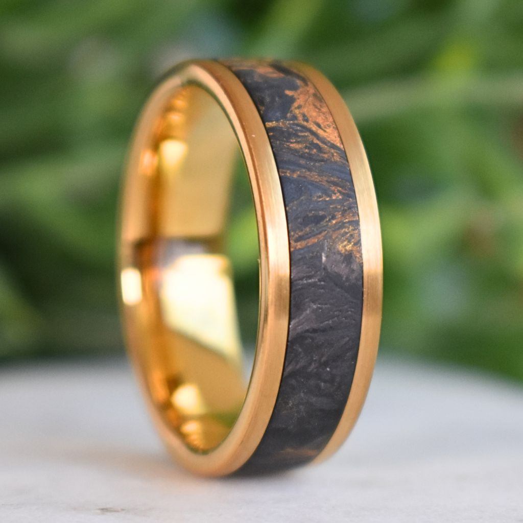 Forged Carbon Fiber & Yellow Gold 8mm Tungsten Ring - Tungsten Titans