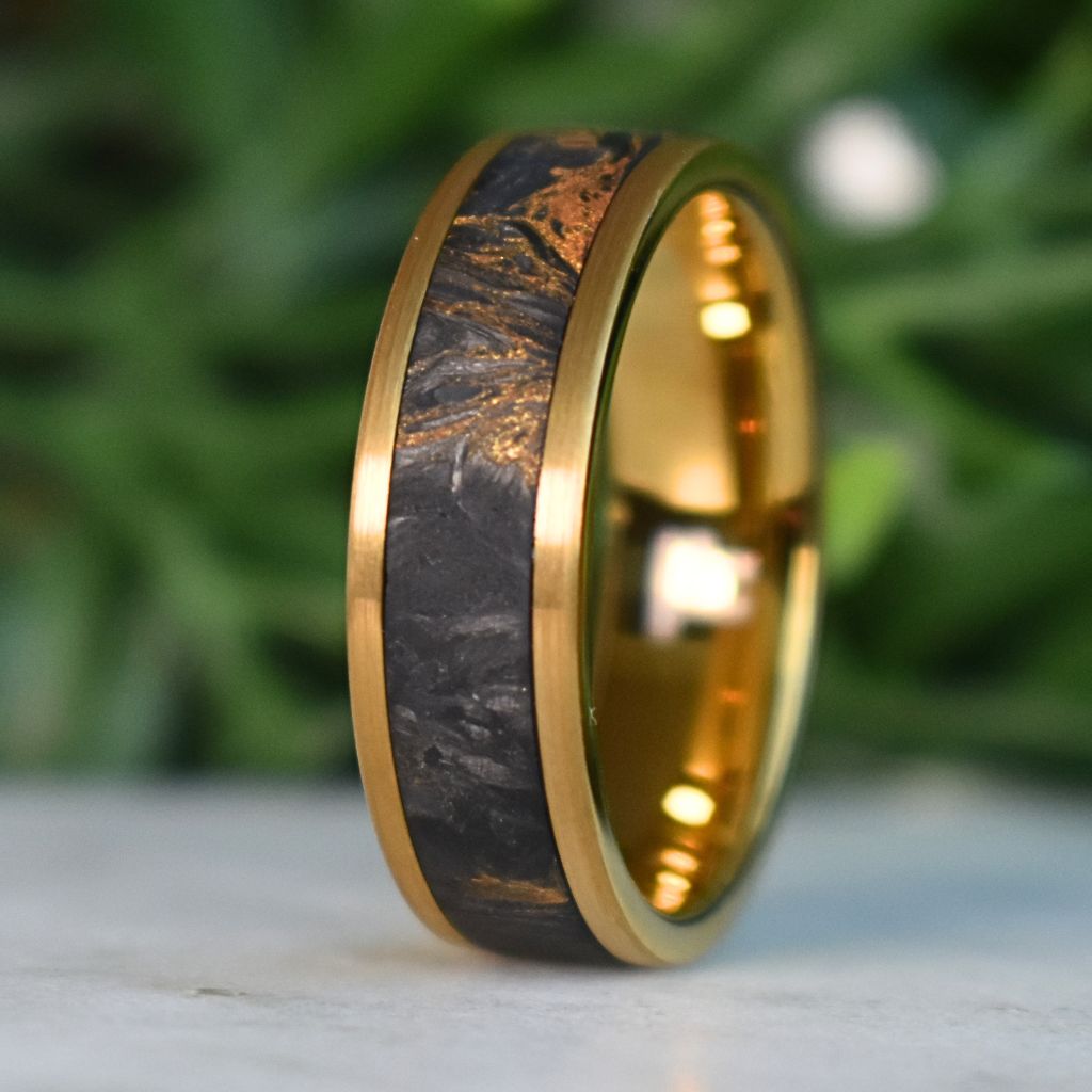 Forged Carbon Fiber & Yellow Gold 8mm Tungsten Ring - Tungsten Titans