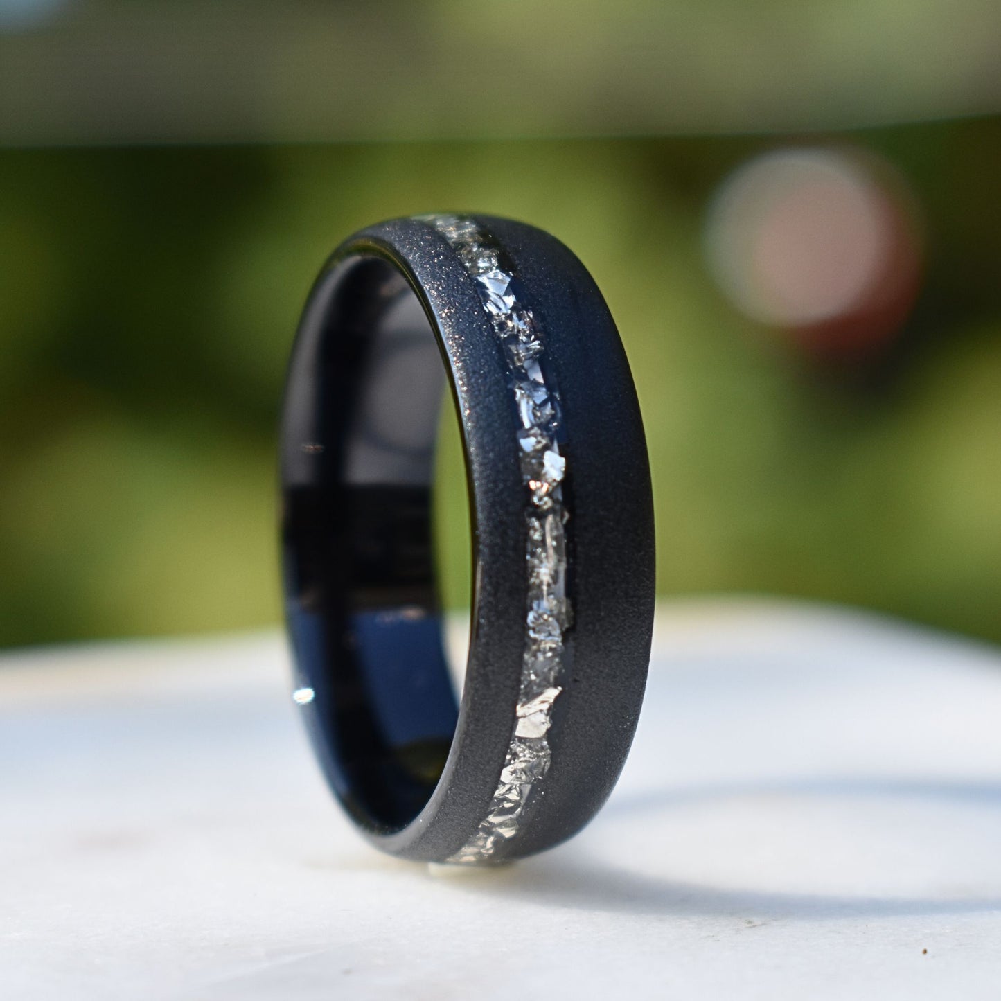 Tungsten 8mm Ring Black Sandblasted with German Silver Glass - Tungsten Titans
