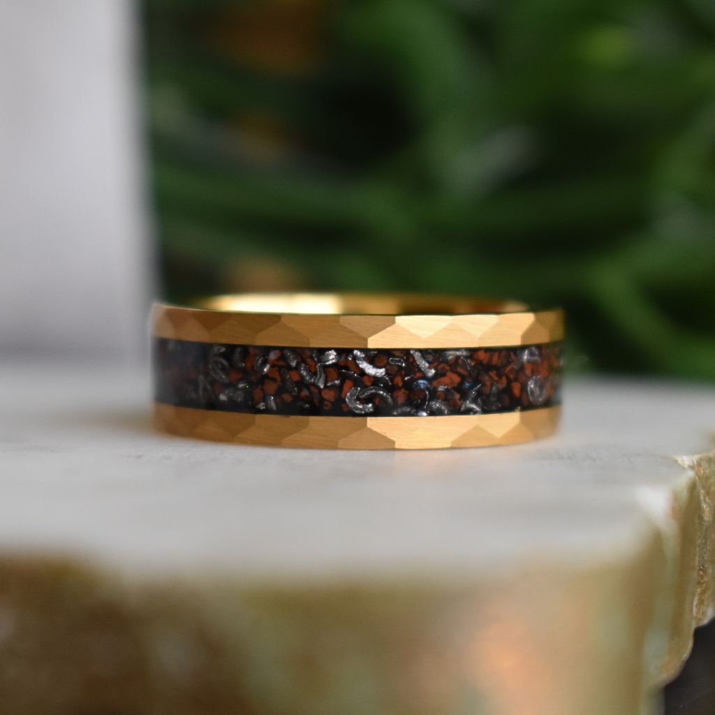 Red Dinosaur Bone & Meteorite Gold Tungsten Ring - Tungsten Titans