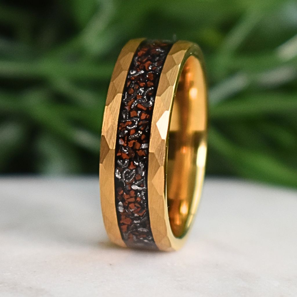 Red Dinosaur Bone & Meteorite Gold Tungsten Ring - Tungsten Titans