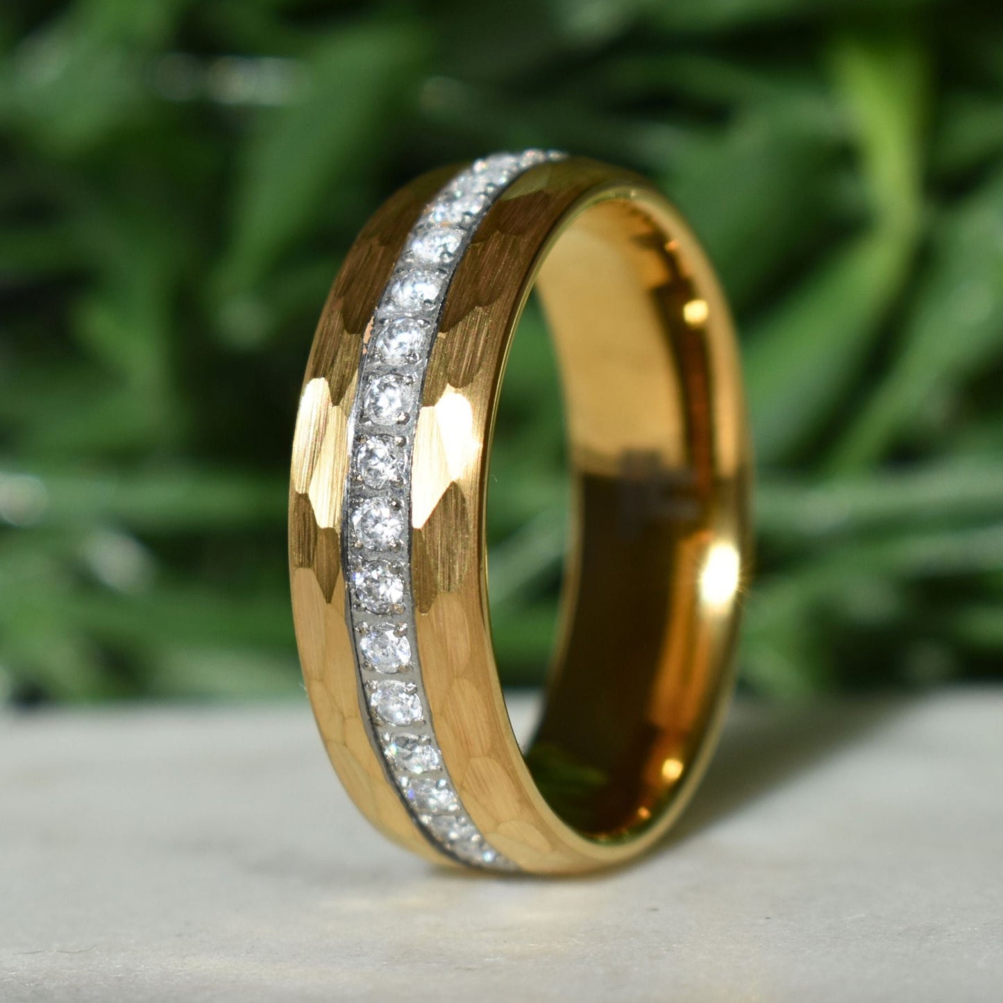 Hammered Gold Tungsten Ring with Brilliant Simulated Diamond Inlay