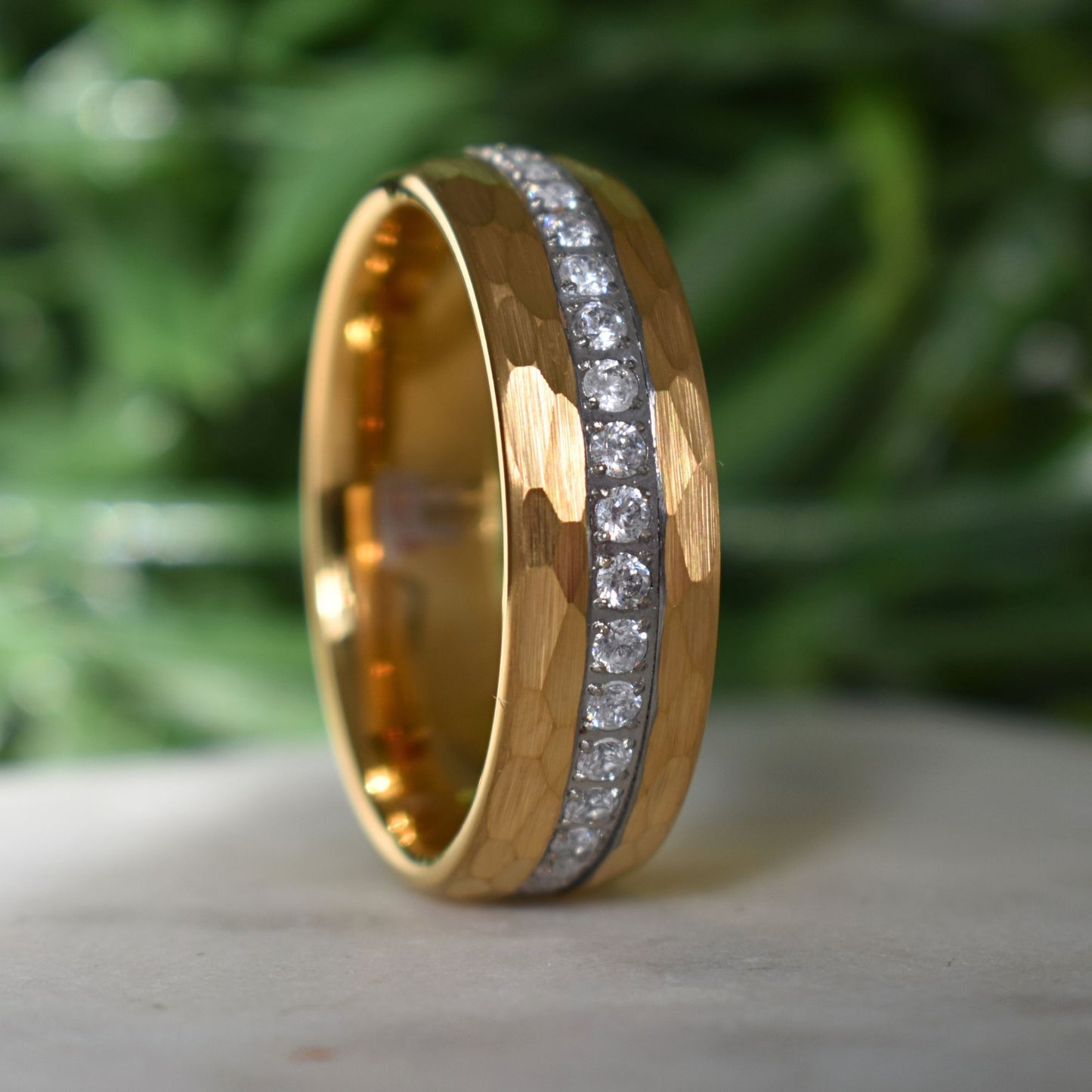 Hammered Gold Tungsten Ring with Brilliant Simulated Diamond Inlay