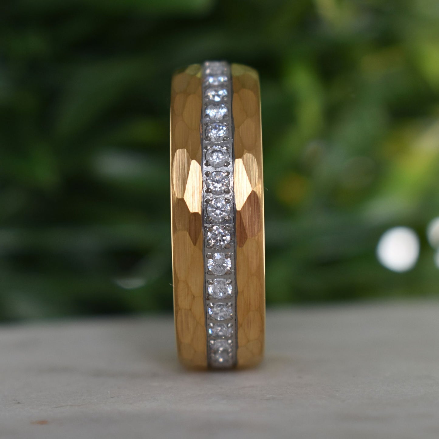 Hammered Gold Tungsten Ring with Brilliant Simulated Diamond Inlay