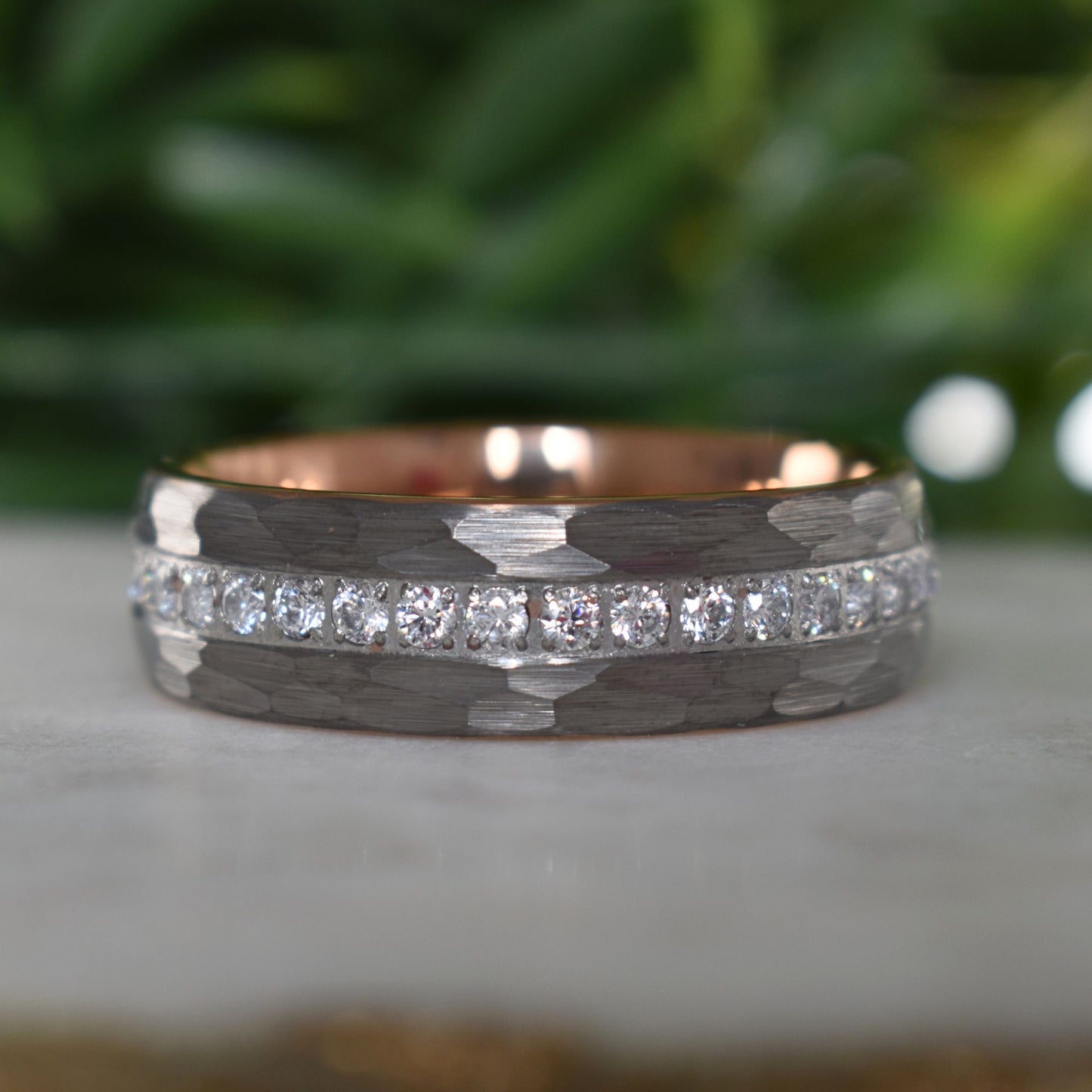 Hammered Tungsten Ring with Brilliant Simulated Diamond Inlay