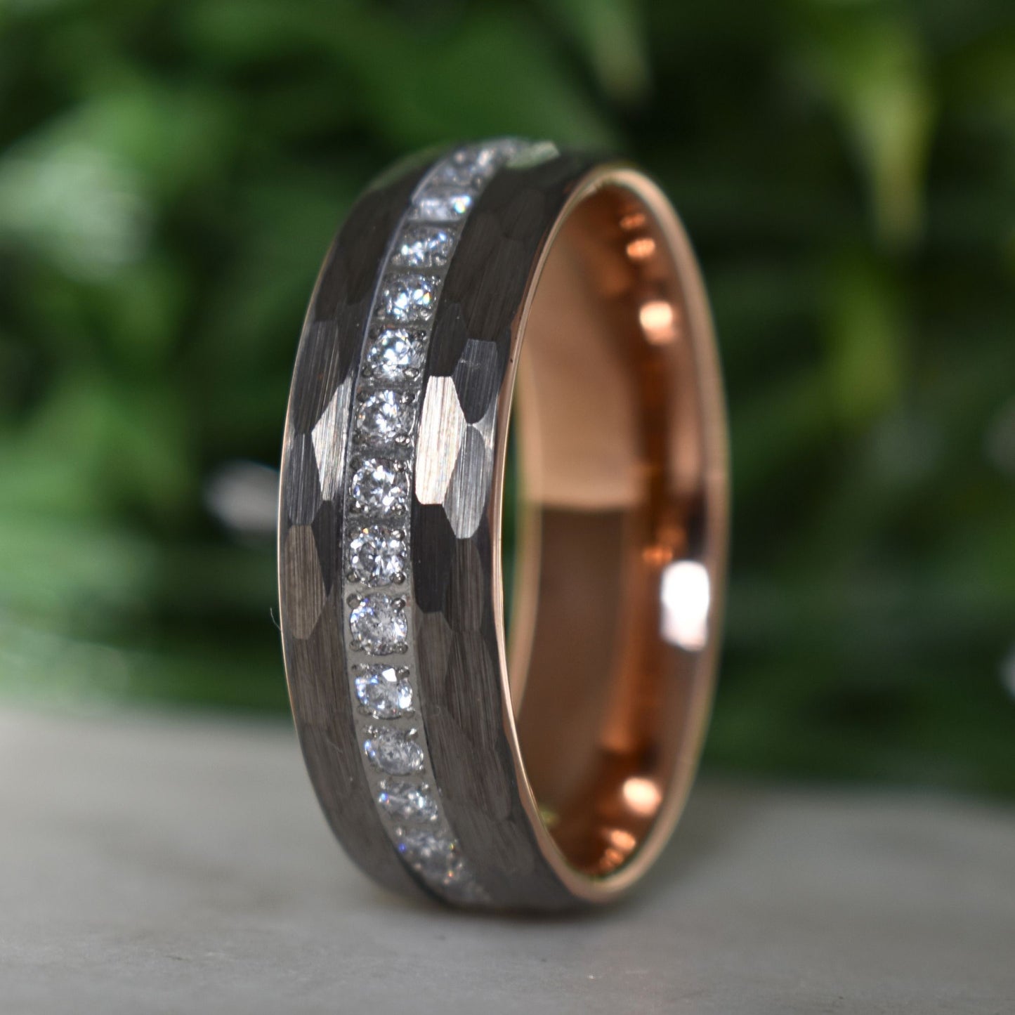 Hammered Tungsten Ring with Brilliant Simulated Diamond Inlay