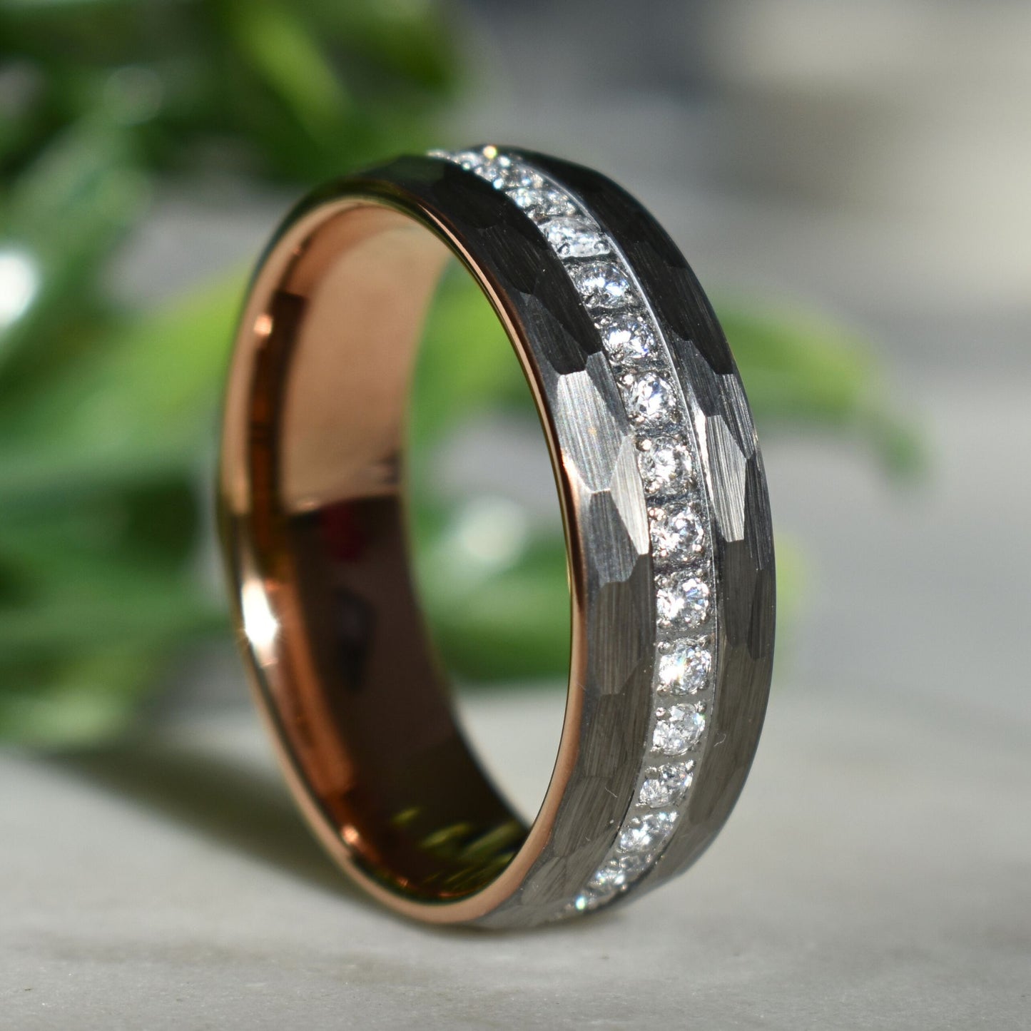 Hammered Tungsten Ring with Brilliant Simulated Diamond Inlay