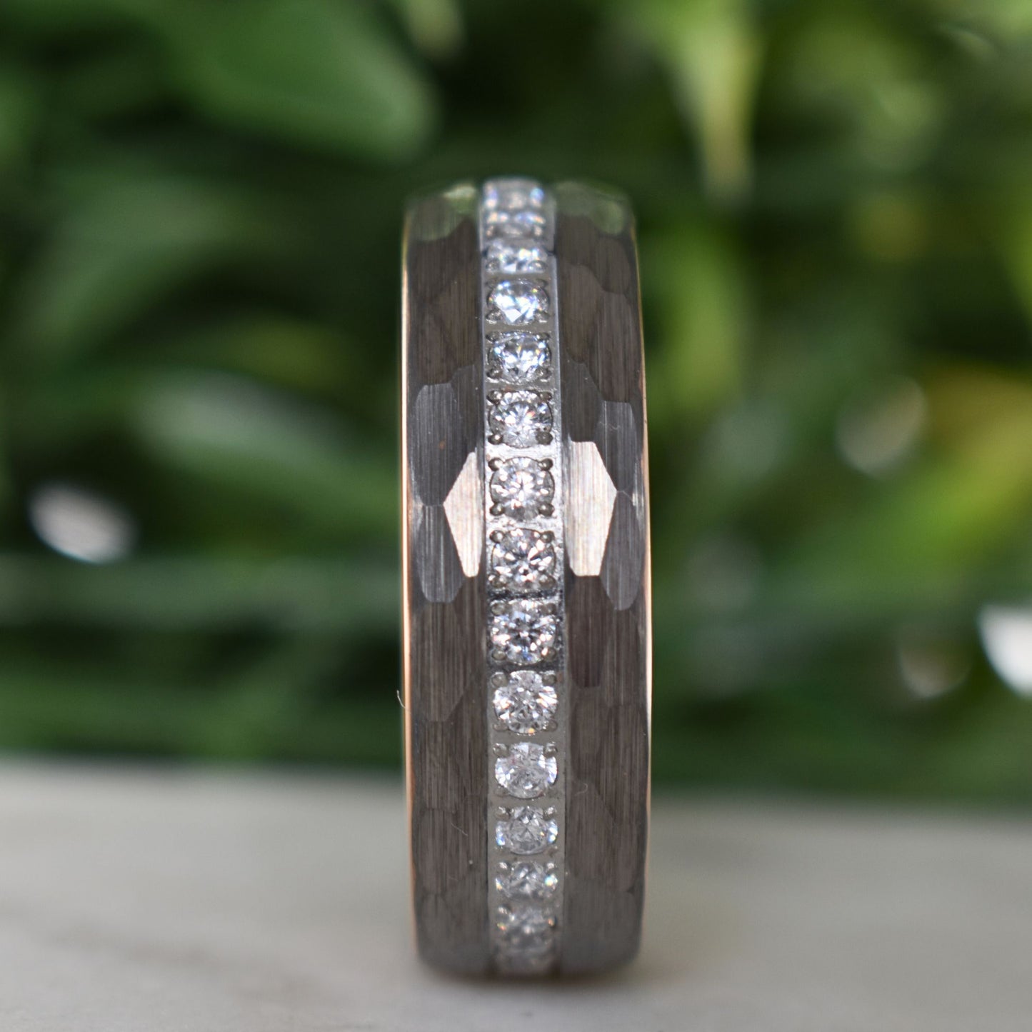 Hammered Tungsten Ring with Brilliant Simulated Diamond Inlay