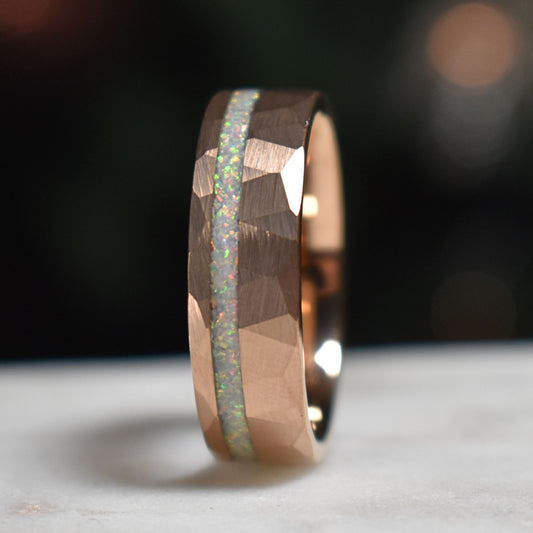 Tungsten 8mm Hammered Rose Gold Ring with Crushed Opal Centre - Tungsten Titans