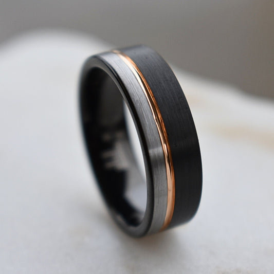 Tungsten 8mm Ring Black and Silver Brushed with Rose Gold Accent - Tungsten Titans