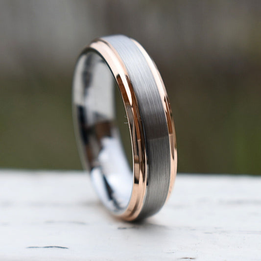 Tungsten 6mm Ring Brushed Silver with Rose Gold Beveled Edges - Tungsten Titans