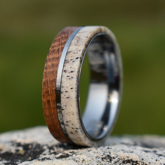 Whiskey Barrel and Deer Antler 8mm Ring with Tungsten Band - Tungsten Titans