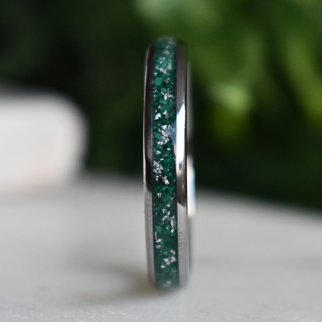 Tungsten 4mm Ring with Malachite & Gold Leaf Inlay