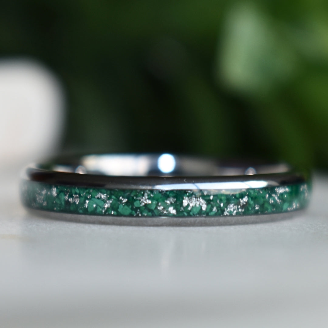 Tungsten 4mm Ring with Malachite & Gold Leaf Inlay