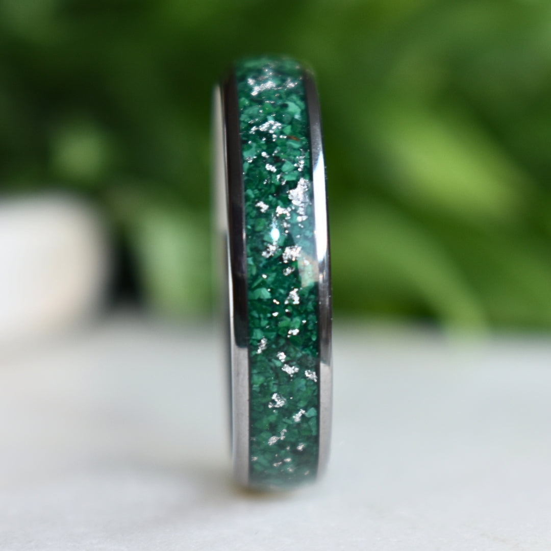 Tungsten 6mm Ring with Malachite & Gold Leaf Inlay