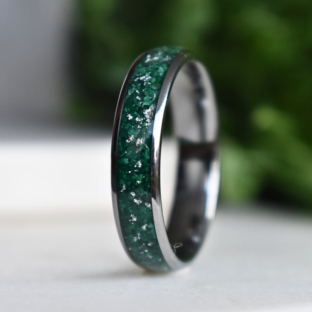 Tungsten 6mm Ring with Malachite & Gold Leaf Inlay