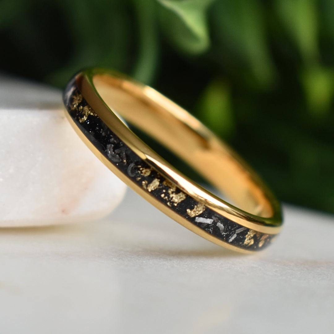 Tungsten 4mm Gold Ring with Meteorite & Gold Leaf Inlay