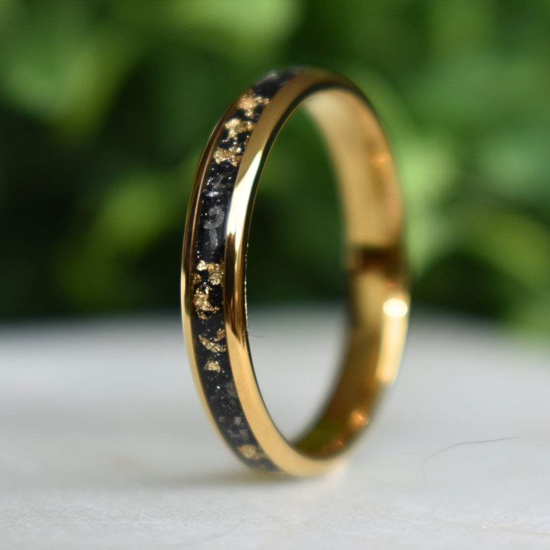 Tungsten 4mm Gold Ring with Meteorite & Gold Leaf Inlay