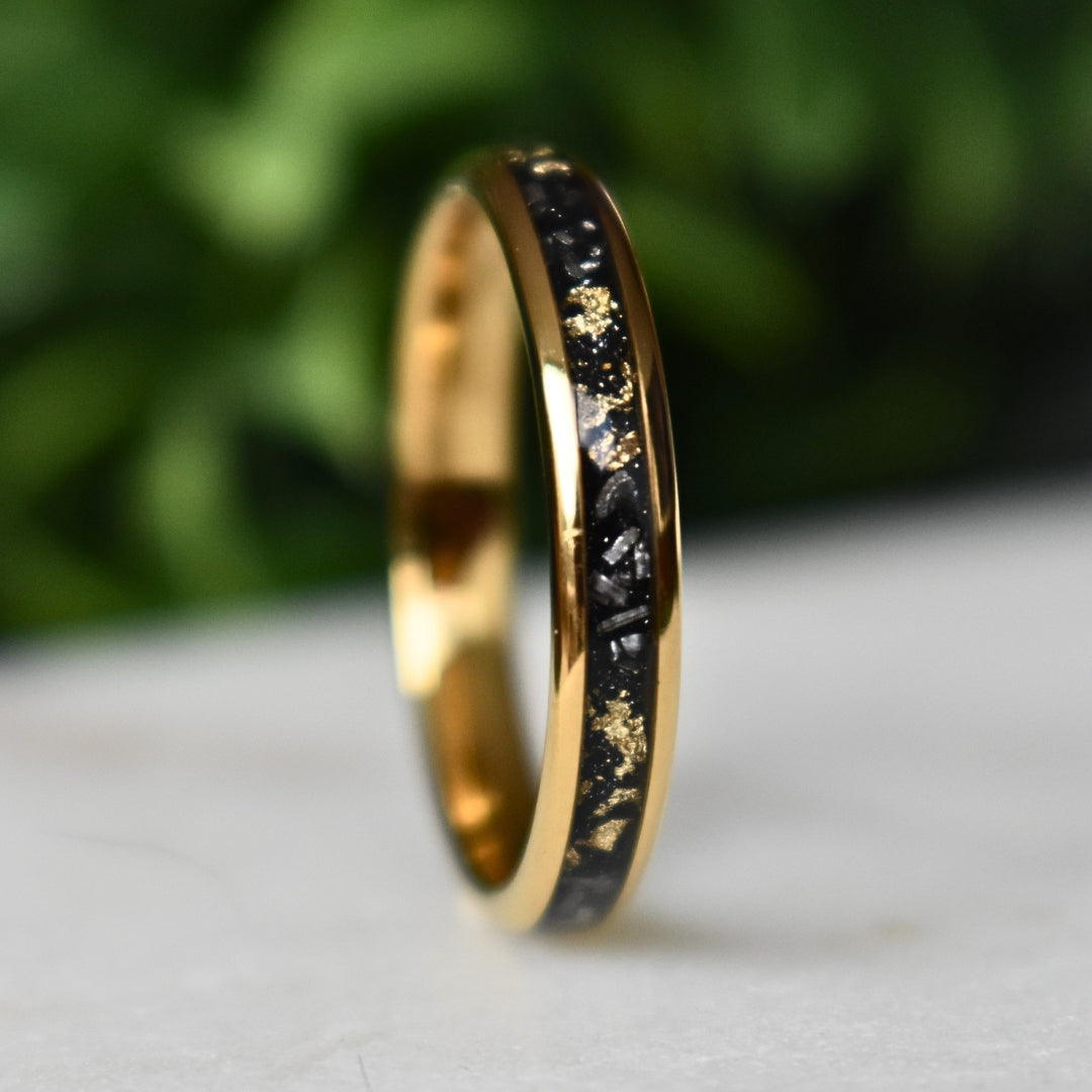 Tungsten 4mm Gold Ring with Meteorite & Gold Leaf Inlay