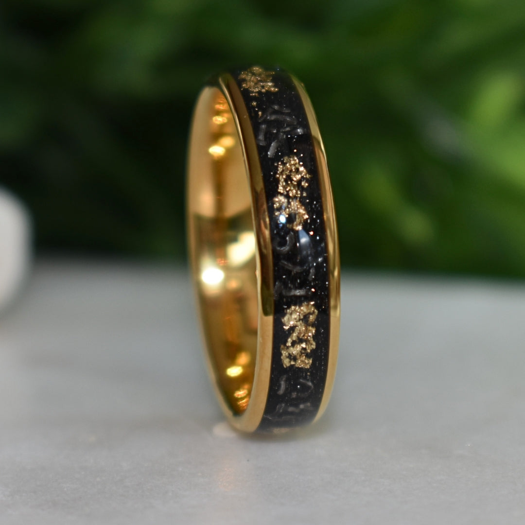 Tungsten 6mm Gold Ring with Meteorite & Gold Leaf Inlay