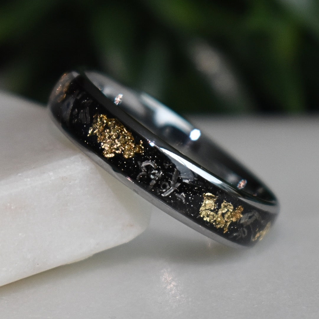 Tungsten 6mm Ring with Meteorite & Gold Leaf Inlay