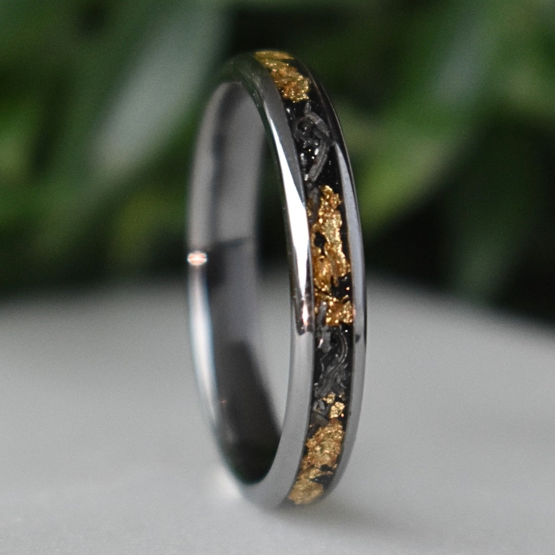 Tungsten 4mm Ring with Meteorite & Gold Leaf Inlay
