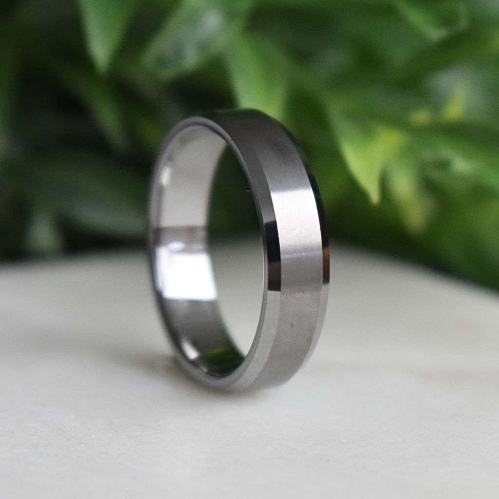 Tungsten Ring 6mm Brushed Silver with Beveled Edge - Tungsten Titans