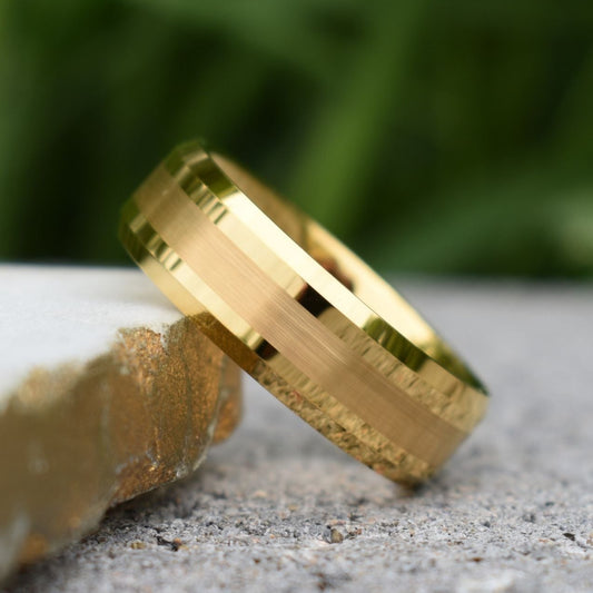Tungsten 8mm Brushed Gold Ring with High Polished Edges - Tungsten Titans
