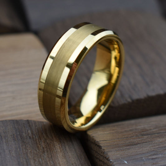 Tungsten 8mm Brushed Gold Ring with High Polished Edges - Tungsten Titans