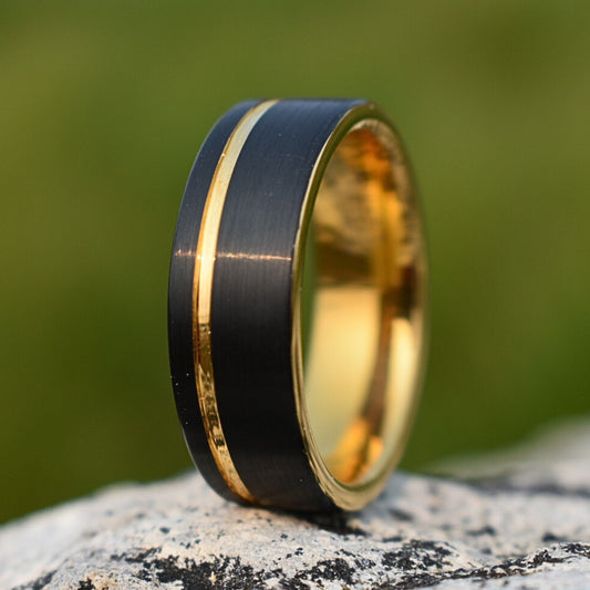 Tungsten 8mm Ring Brushed Black with Gold Accent Stripe - Tungsten Titans