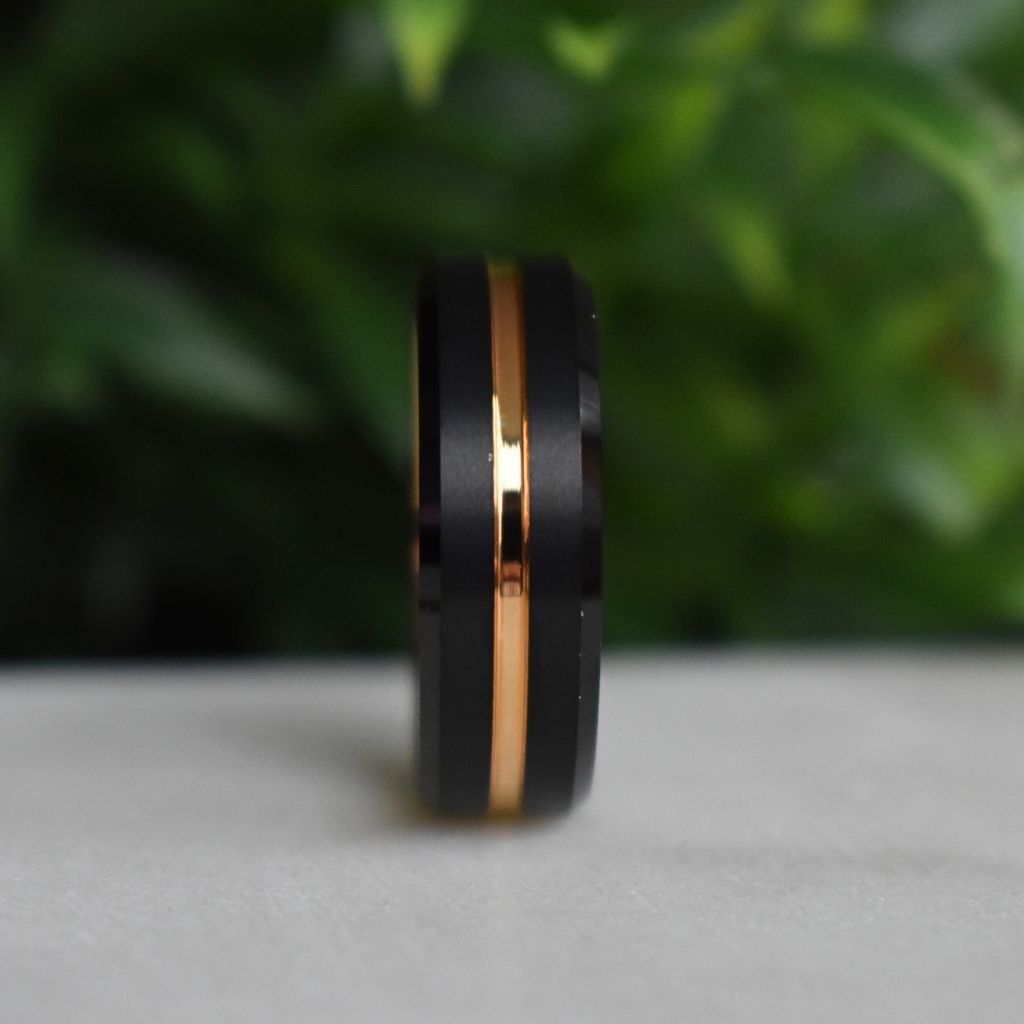 Black 8mm Tungsten Ring with Rose Gold Center Strip - Tungsten Titans