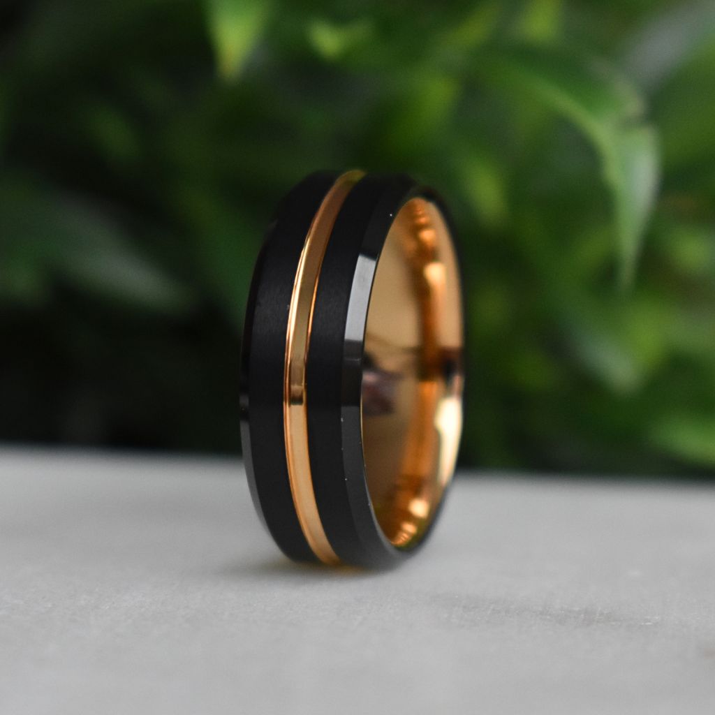 Black 8mm Tungsten Ring with Rose Gold Center Strip - Tungsten Titans
