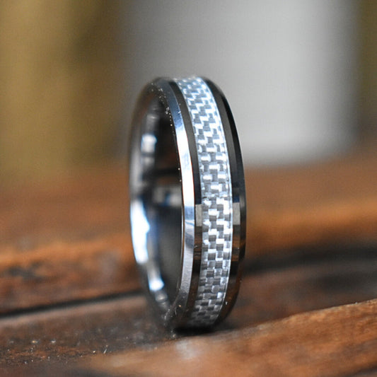 Silver Tungsten 6mm Ring with Silver Carbon Centre - Tungsten Titans