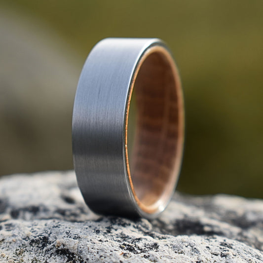 Silver Tungsten 8mm Ring with Whiskey Barrel Inner Band - Tungsten Titans