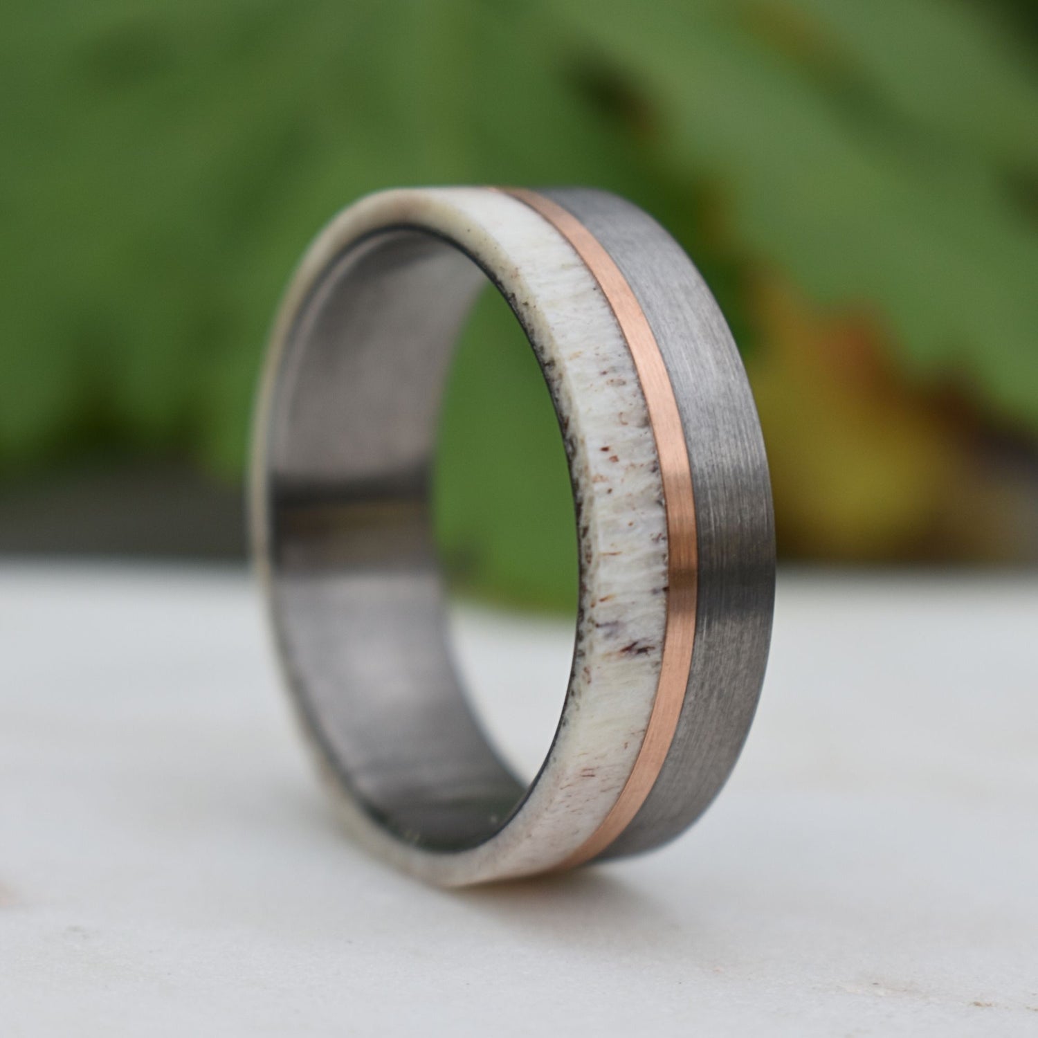 Deer Antler and Brushed Silver Tungsten 8mm Ring with Rose Gold