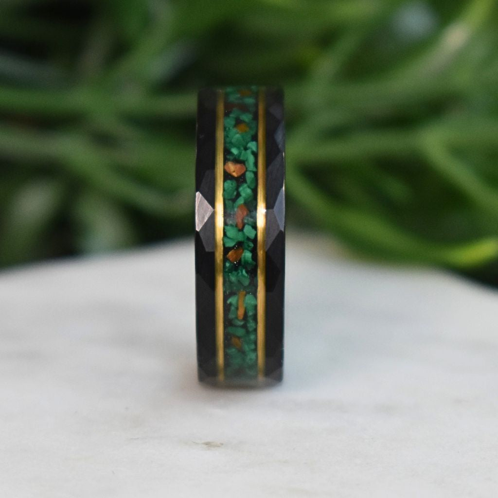 Malachite & Tiger’s Eye Inlay Hammered Black Tungsten Ring - Tungsten Titans
