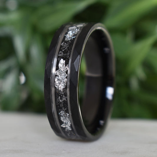 Hammered 8mm Black Tungsten Ring with White Gold Leaf and Meteorite Inlay