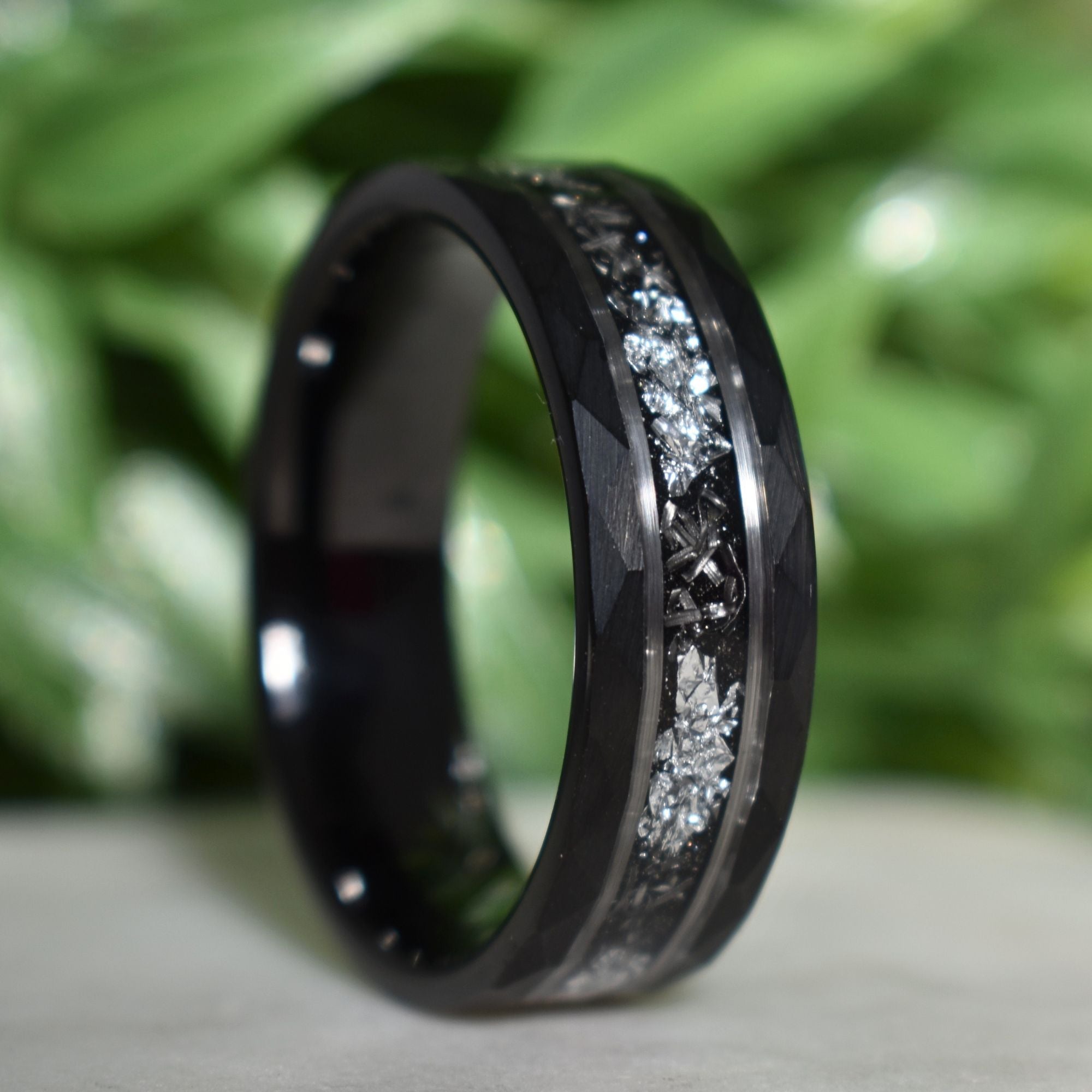 Hammered 8mm Black Tungsten Ring with White Gold Leaf and Meteorite In