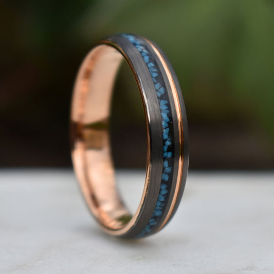 Tungsten 6mm Ring Grey with Rose Gold Accent and Crushed Turquoise - Tungsten Titans