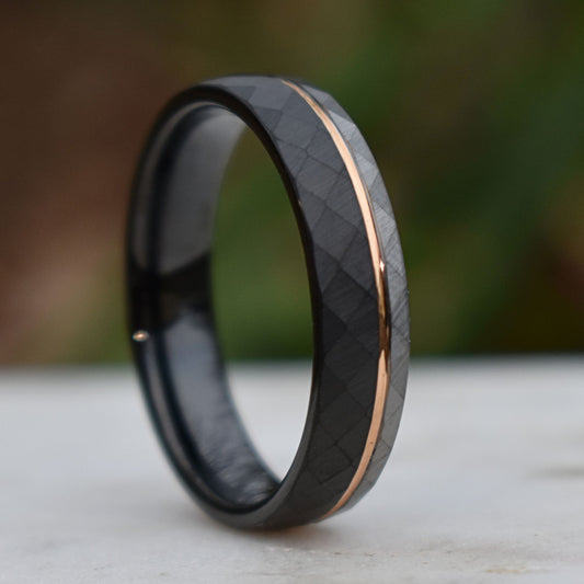 Hammered 6mm Tungsten Ring Black and Silver Brushed with Rose Gold Accent - Tungsten Titans